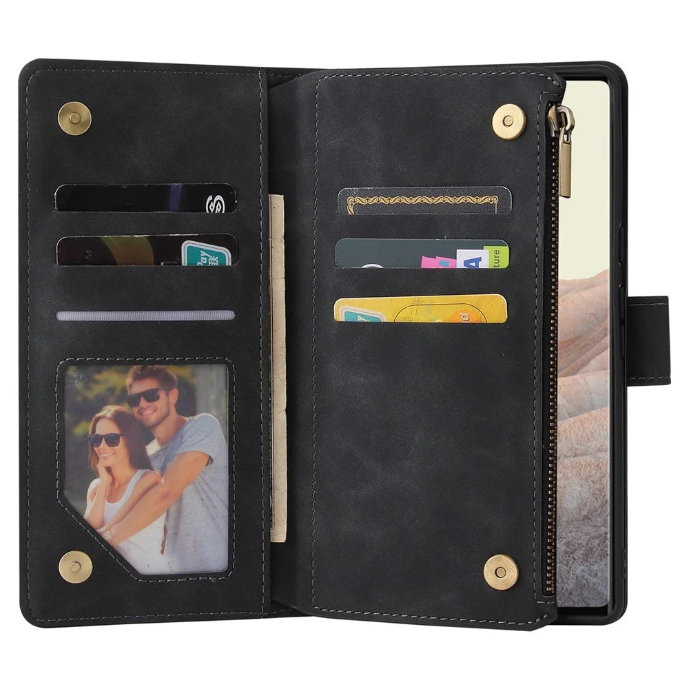 For Google Pixel 6 Pro 5G PU Leather Phone Wallet Stand Case Zipper Pocket Multiple Card Slots Phone Protective Cover - Black - 4