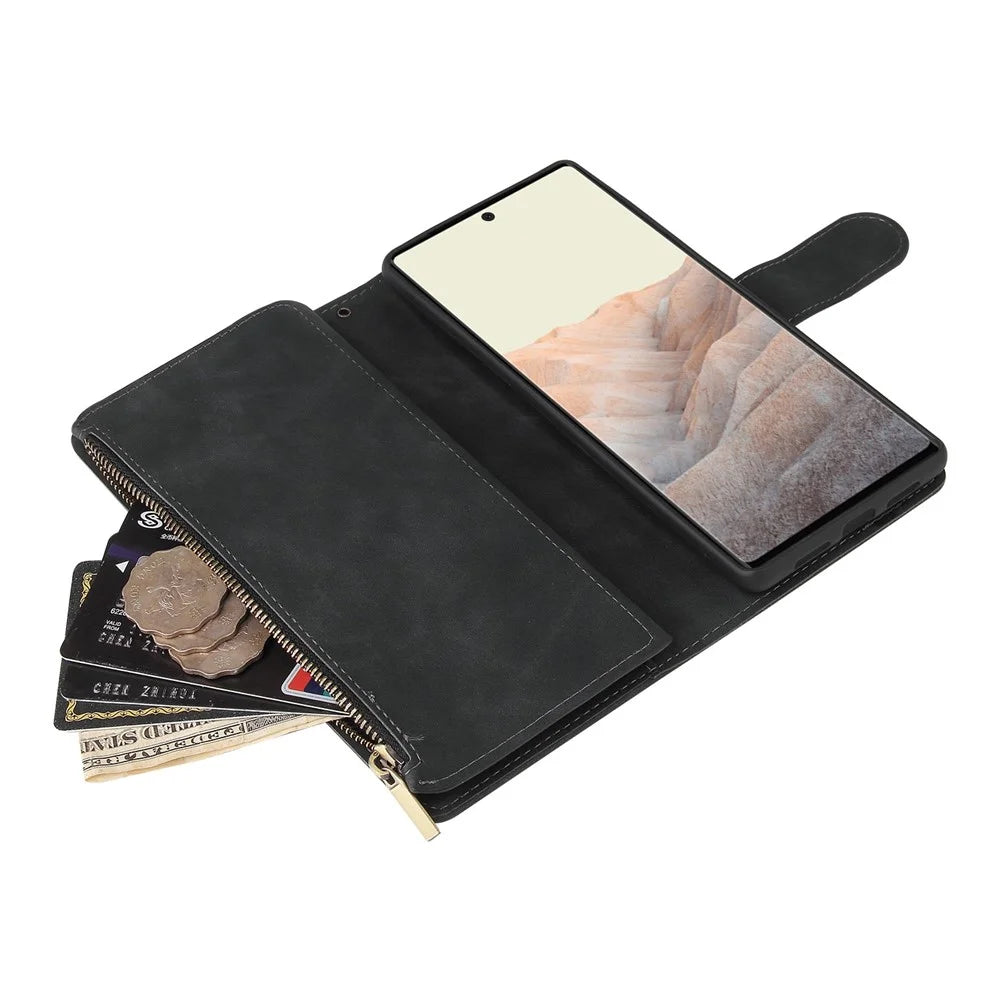 For Google Pixel 6 Pro 5G PU Leather Phone Wallet Stand Case Zipper Pocket Multiple Card Slots Phone Protective Cover - Black - 5