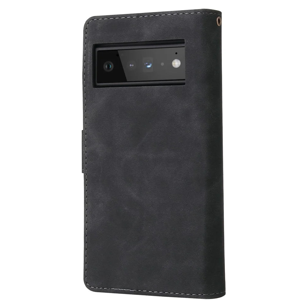 For Google Pixel 6 Pro 5G PU Leather Phone Wallet Stand Case Zipper Pocket Multiple Card Slots Phone Protective Cover - Black - 7