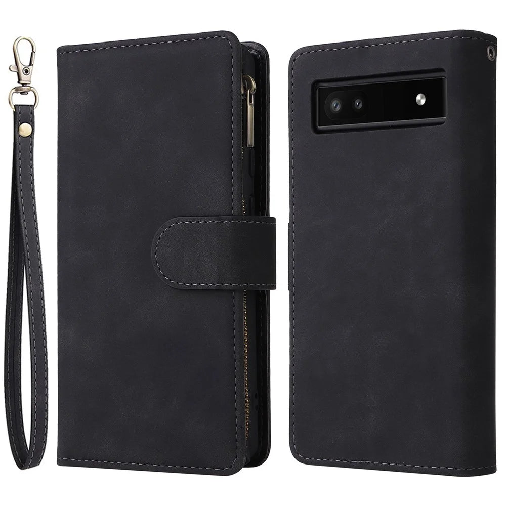Multiple Card Slots Phone Cover for Google Pixel 6a, PU Leather Wallet Stand Zipper Pocket Shell - Black - 1