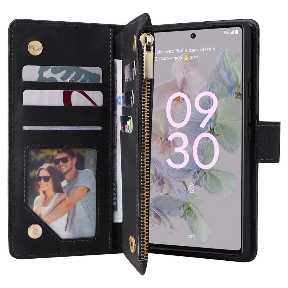 Multiple Card Slots Phone Cover for Google Pixel 6a, PU Leather Wallet Stand Zipper Pocket Shell - Black - 2