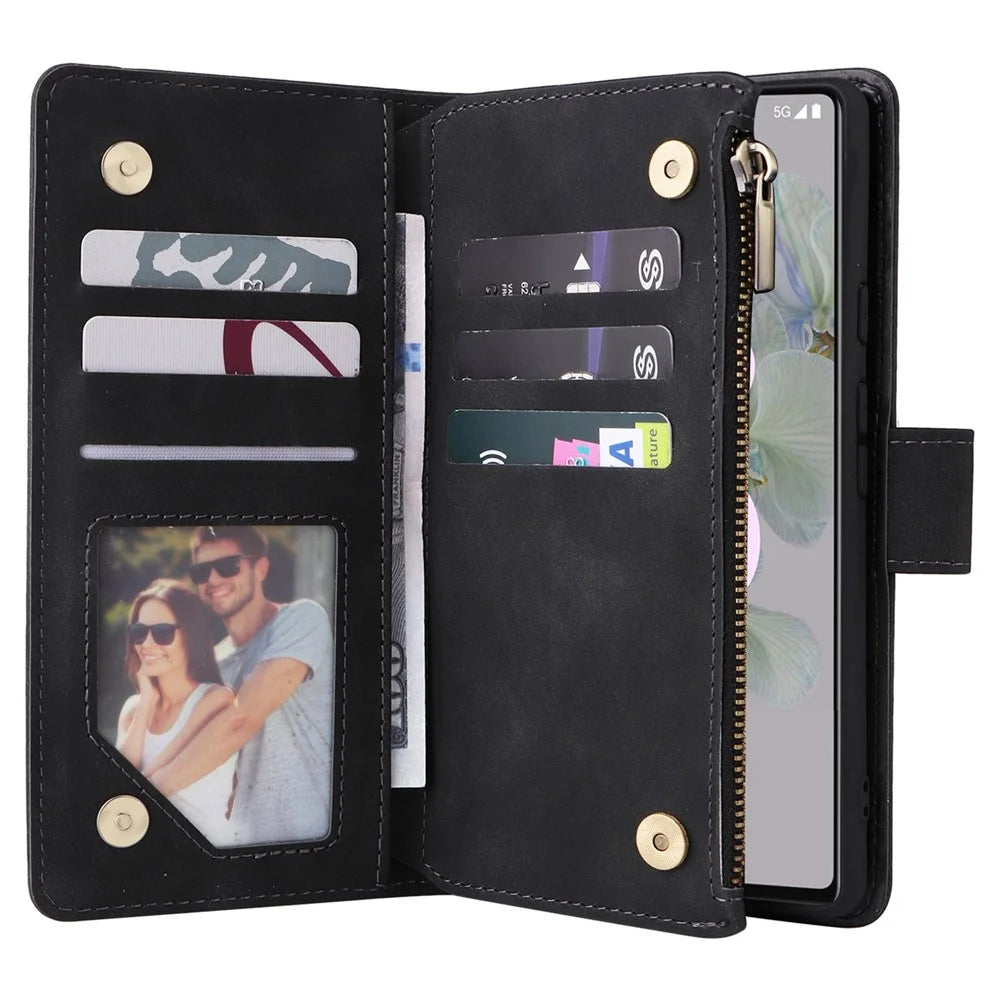 Multiple Card Slots Phone Cover for Google Pixel 6a, PU Leather Wallet Stand Zipper Pocket Shell - Black - 4