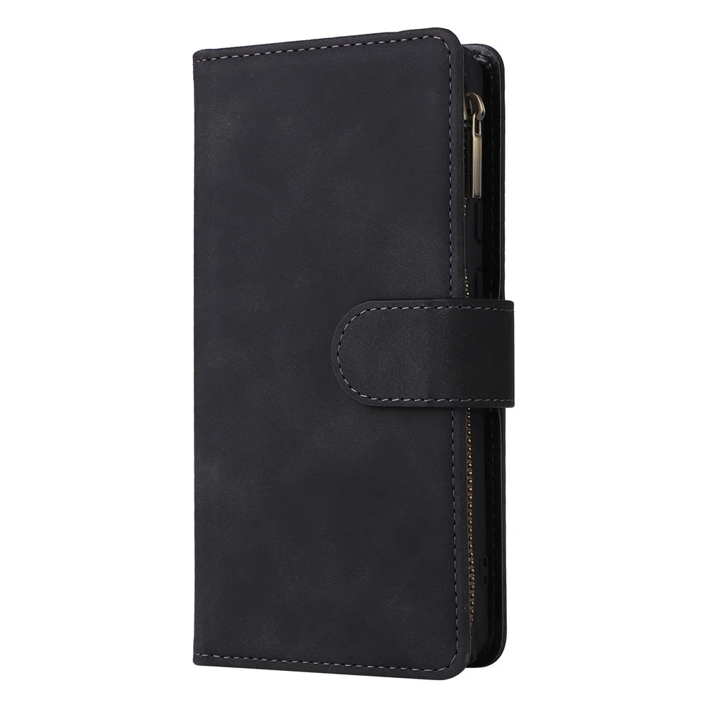 Multiple Card Slots Phone Cover for Google Pixel 6a, PU Leather Wallet Stand Zipper Pocket Shell - Black - 6