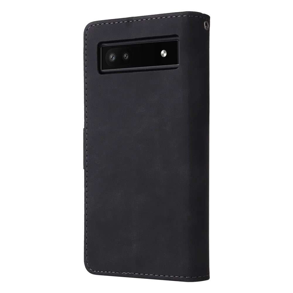Multiple Card Slots Phone Cover for Google Pixel 6a, PU Leather Wallet Stand Zipper Pocket Shell - Black - 7