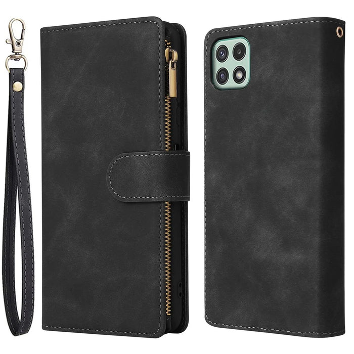 For Samsung Galaxy A22 5G (EU Version) Multiple Card Slots Leather Phone Case Wallet Stand Magnetic Clasp Cover with Zipper Pocket - Black - 1