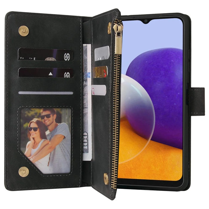 For Samsung Galaxy A22 5G (EU Version) Multiple Card Slots Leather Phone Case Wallet Stand Magnetic Clasp Cover with Zipper Pocket - Black - 2