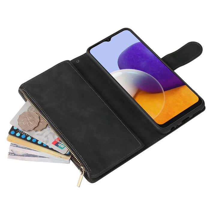 For Samsung Galaxy A22 5G (EU Version) Multiple Card Slots Leather Phone Case Wallet Stand Magnetic Clasp Cover with Zipper Pocket - Black - 5
