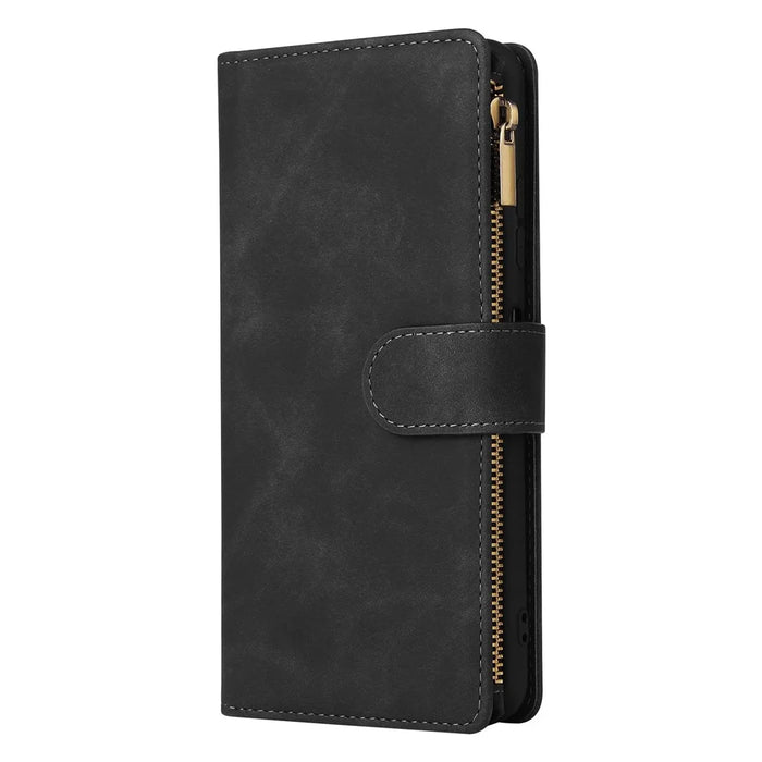 For Samsung Galaxy A22 5G (EU Version) Multiple Card Slots Leather Phone Case Wallet Stand Magnetic Clasp Cover with Zipper Pocket - Black - 6