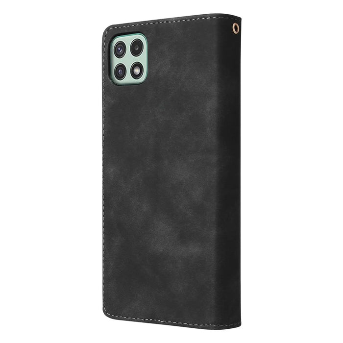 For Samsung Galaxy A22 5G (EU Version) Multiple Card Slots Leather Phone Case Wallet Stand Magnetic Clasp Cover with Zipper Pocket - Black - 7