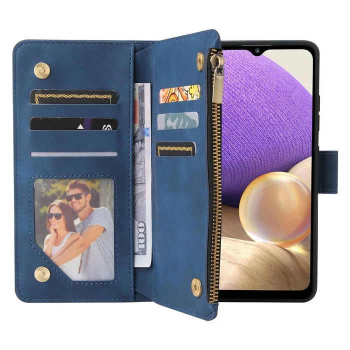 For Samsung Galaxy A32 4G (EU Version) Multiple Card Slots Zipper Pocket Leather Phone Case Stand Wallet Cover - Blue - 2