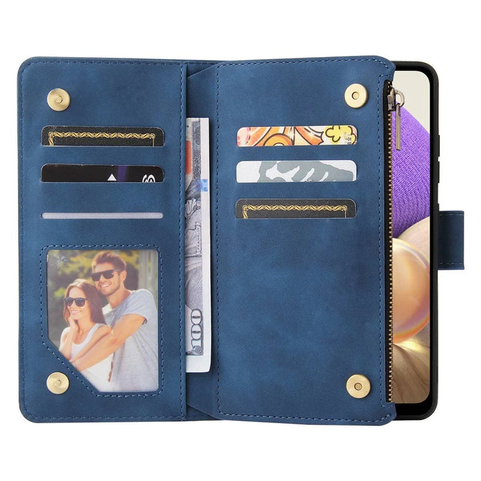 For Samsung Galaxy A32 4G (EU Version) Multiple Card Slots Zipper Pocket Leather Phone Case Stand Wallet Cover - Blue - 4