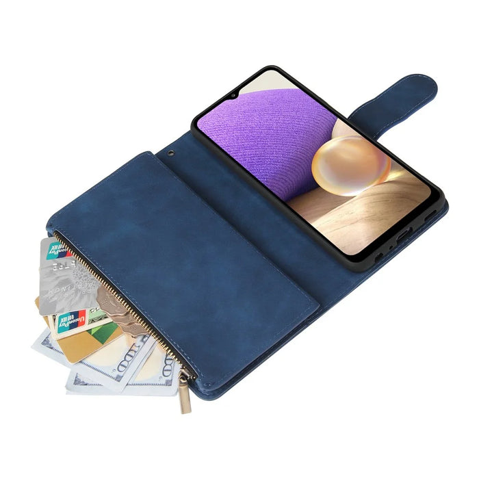 For Samsung Galaxy A32 4G (EU Version) Multiple Card Slots Zipper Pocket Leather Phone Case Stand Wallet Cover - Blue - 5