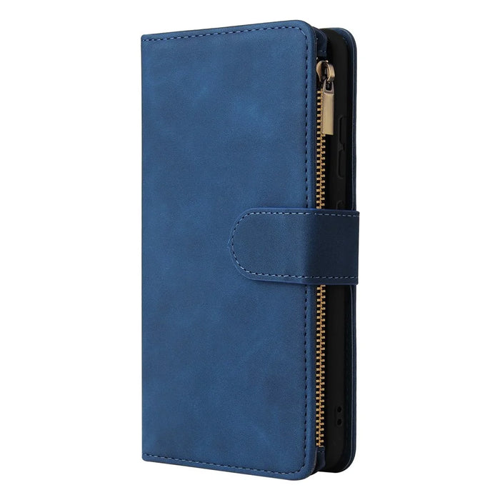 For Samsung Galaxy A32 4G (EU Version) Multiple Card Slots Zipper Pocket Leather Phone Case Stand Wallet Cover - Blue - 6