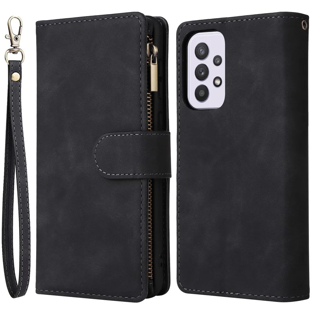 For Samsung Galaxy A33 5G PU Leather Multiple Card Slots Stand Case Drop-proof Zipper Pocket Wallet Phone Cover - Black - 1