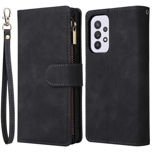 For Samsung Galaxy A33 5G PU Leather Multiple Card Slots Stand Case Drop-proof Zipper Pocket Wallet Phone Cover - Black - 1