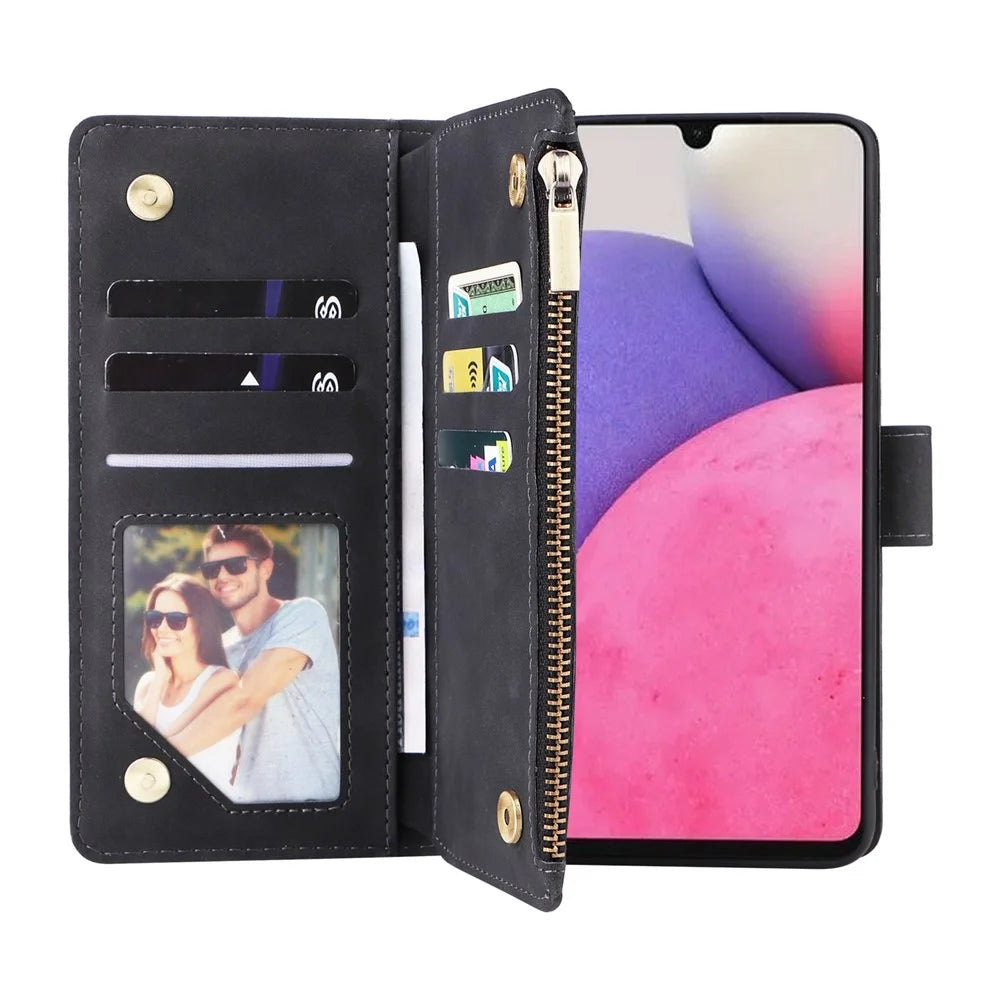 For Samsung Galaxy A33 5G PU Leather Multiple Card Slots Stand Case Drop-proof Zipper Pocket Wallet Phone Cover - Black - 2