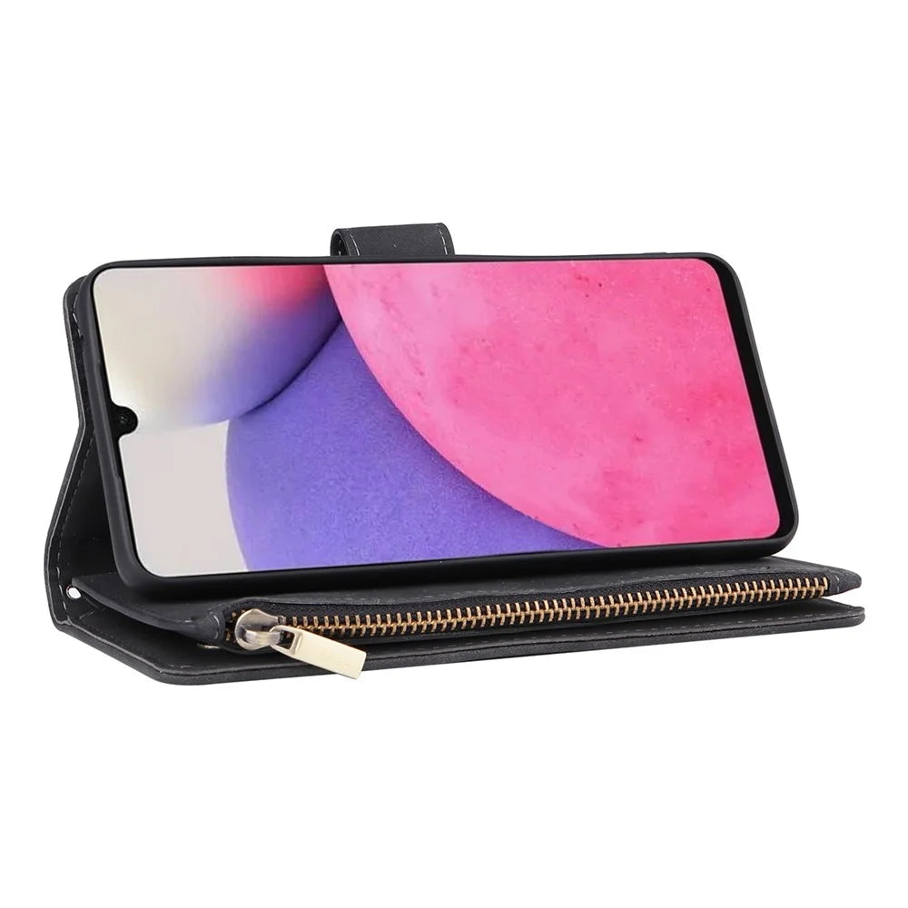 For Samsung Galaxy A33 5G PU Leather Multiple Card Slots Stand Case Drop-proof Zipper Pocket Wallet Phone Cover - Black - 3