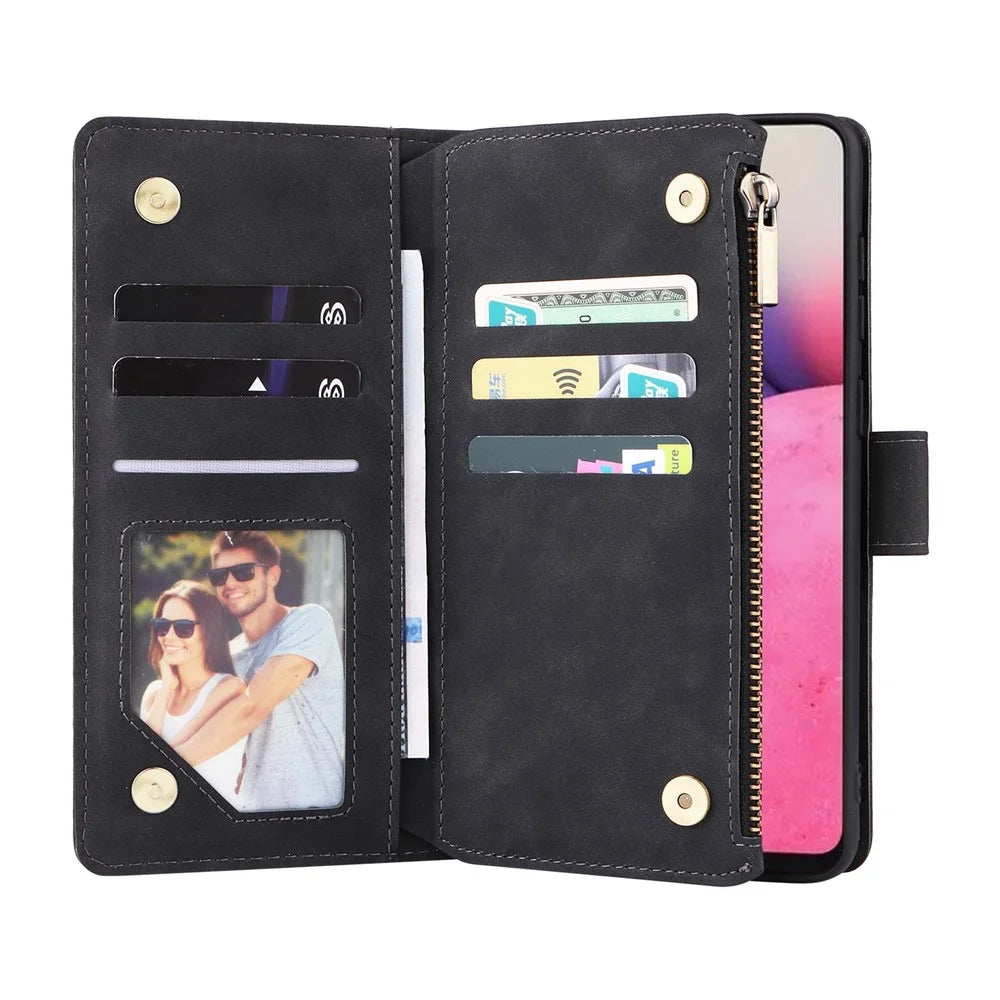 For Samsung Galaxy A33 5G PU Leather Multiple Card Slots Stand Case Drop-proof Zipper Pocket Wallet Phone Cover - Black - 4