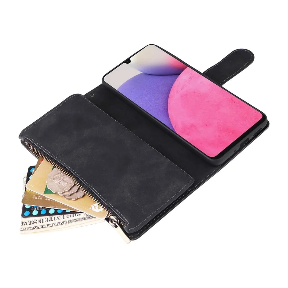 For Samsung Galaxy A33 5G PU Leather Multiple Card Slots Stand Case Drop-proof Zipper Pocket Wallet Phone Cover - Black - 5