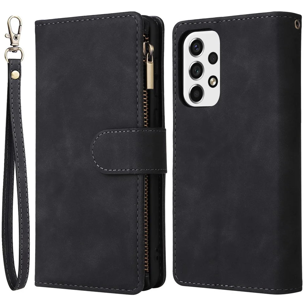 For Samsung Galaxy A53 5G Multiple Card Slots Drop-proof Case Leather Wallet Stand Folio Flip Phone Cover with Zipper Pocket - Black - 1
