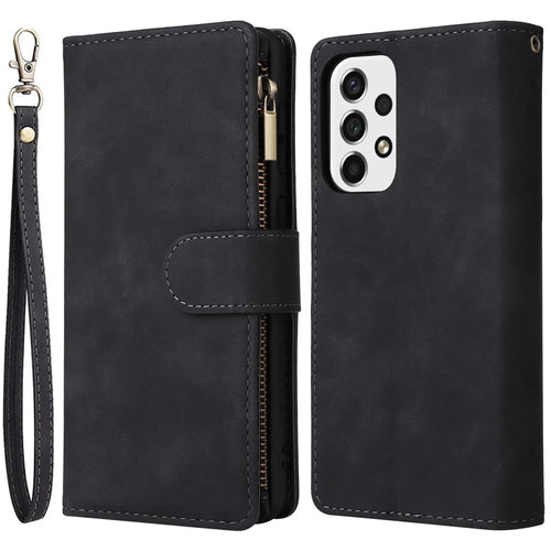 For Samsung Galaxy A53 5G Multiple Card Slots Drop-proof Case Leather Wallet Stand Folio Flip Phone Cover with Zipper Pocket - Black - 1
