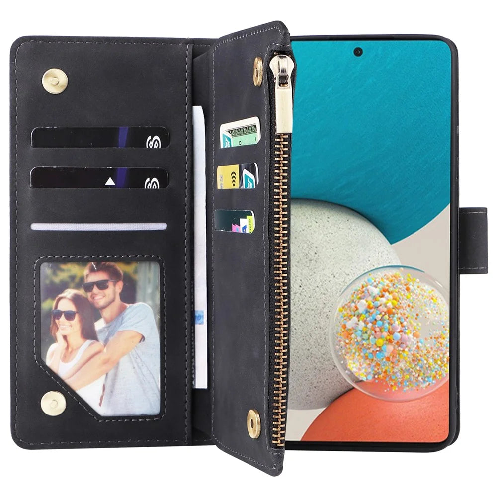 For Samsung Galaxy A53 5G Multiple Card Slots Drop-proof Case Leather Wallet Stand Folio Flip Phone Cover with Zipper Pocket - Black - 2