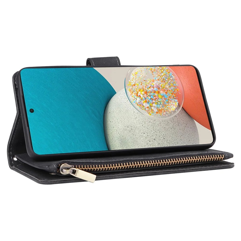 For Samsung Galaxy A53 5G Multiple Card Slots Drop-proof Case Leather Wallet Stand Folio Flip Phone Cover with Zipper Pocket - Black - 3