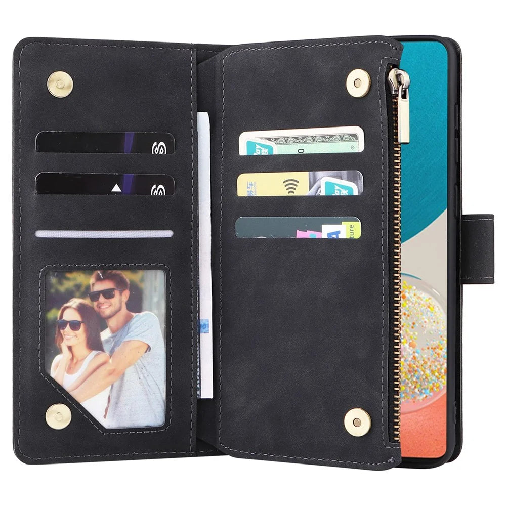 For Samsung Galaxy A53 5G Multiple Card Slots Drop-proof Case Leather Wallet Stand Folio Flip Phone Cover with Zipper Pocket - Black - 4