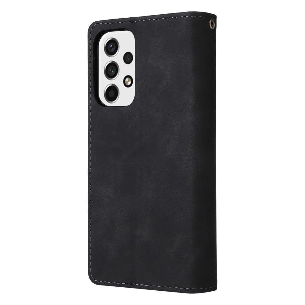 For Samsung Galaxy A53 5G Multiple Card Slots Drop-proof Case Leather Wallet Stand Folio Flip Phone Cover with Zipper Pocket - Black - 7