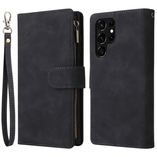 For Samsung Galaxy S22 Ultra 5G PU Leather Anti-drop Phone Cover Card Slots Wallet Stand Protective Case with Zipper Pocket - Black - 1