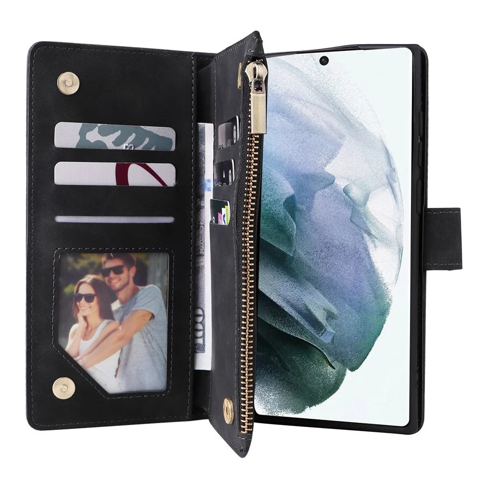 For Samsung Galaxy S22 Ultra 5G PU Leather Anti-drop Phone Cover Card Slots Wallet Stand Protective Case with Zipper Pocket - Black - 2