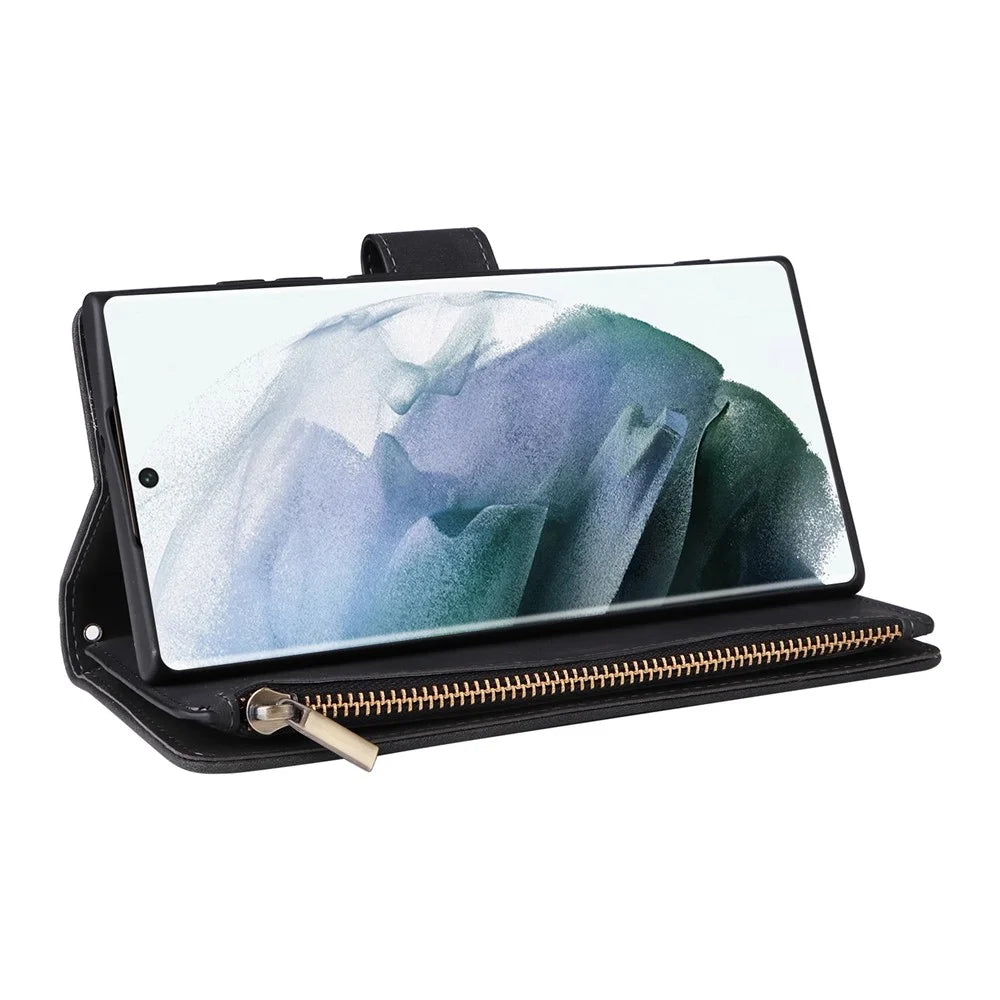 For Samsung Galaxy S22 Ultra 5G PU Leather Anti-drop Phone Cover Card Slots Wallet Stand Protective Case with Zipper Pocket - Black - 3
