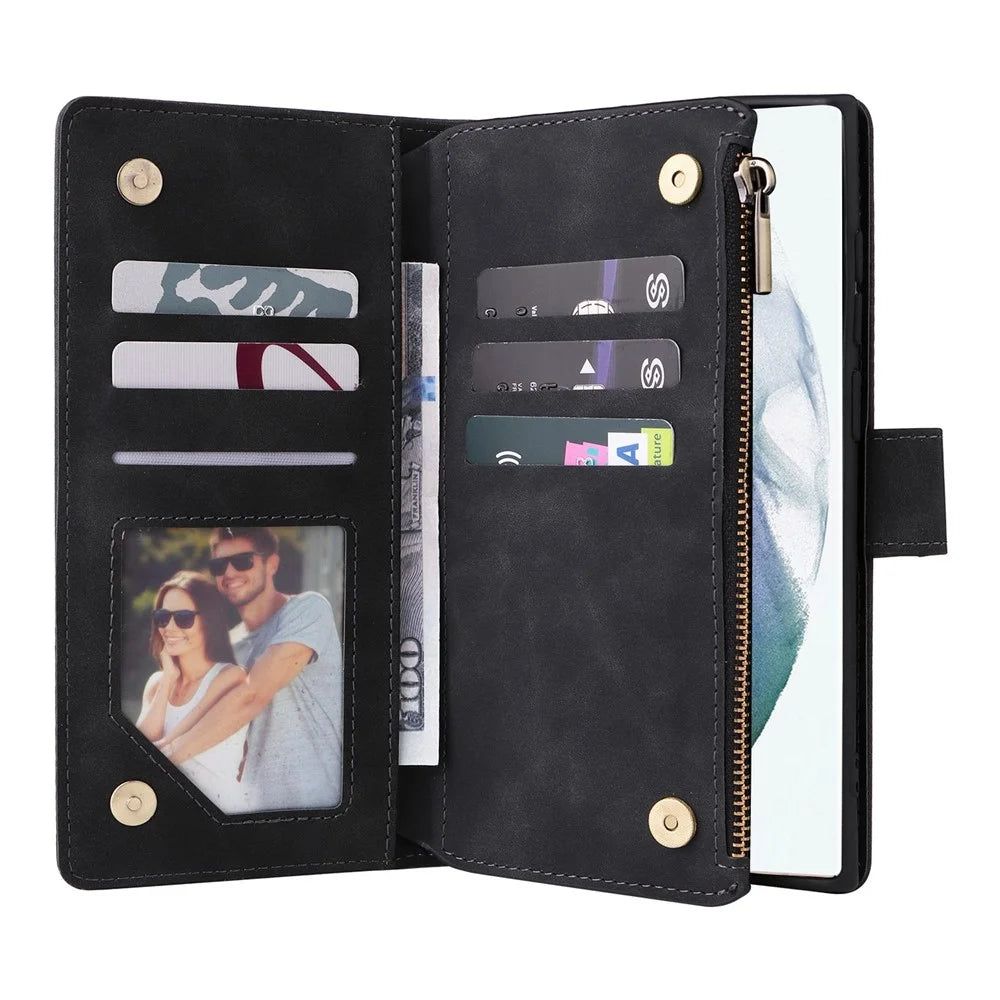 For Samsung Galaxy S22 Ultra 5G PU Leather Anti-drop Phone Cover Card Slots Wallet Stand Protective Case with Zipper Pocket - Black - 4