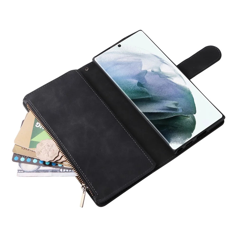 For Samsung Galaxy S22 Ultra 5G PU Leather Anti-drop Phone Cover Card Slots Wallet Stand Protective Case with Zipper Pocket - Black - 5