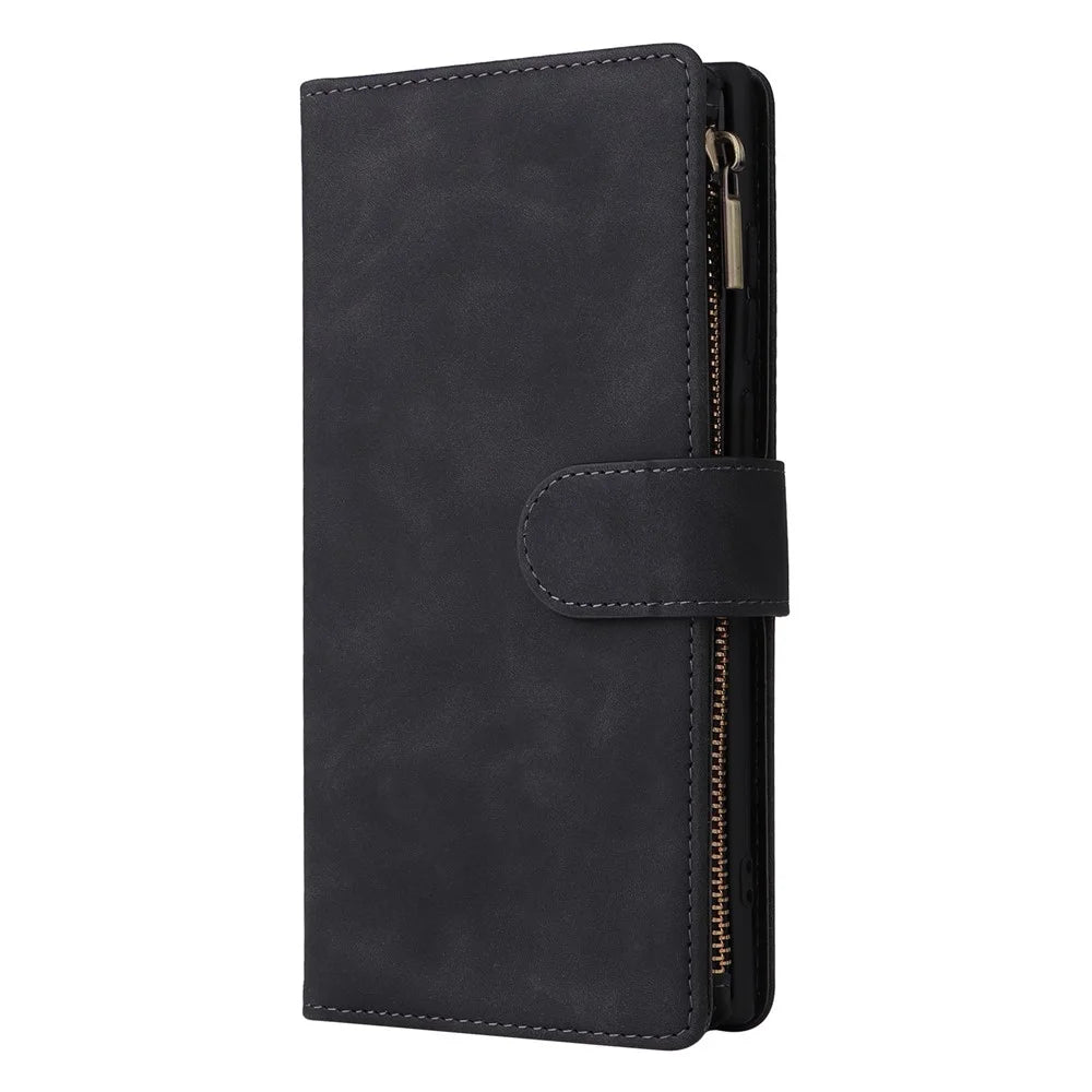 For Samsung Galaxy S22 Ultra 5G PU Leather Anti-drop Phone Cover Card Slots Wallet Stand Protective Case with Zipper Pocket - Black - 6