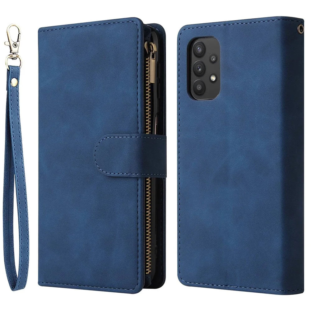 For Samsung Galaxy A32 5G / M32 5G Multi Card Slots PU Leather Full Protection Phone Cover Zipper Pocket Design Wallet Stand Case - Blue - 1