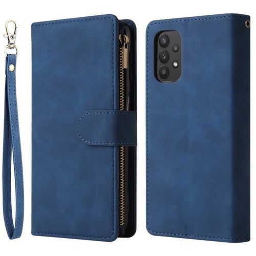 For Samsung Galaxy A32 5G / M32 5G Multi Card Slots PU Leather Full Protection Phone Cover Zipper Pocket Design Wallet Stand Case - Blue - 1