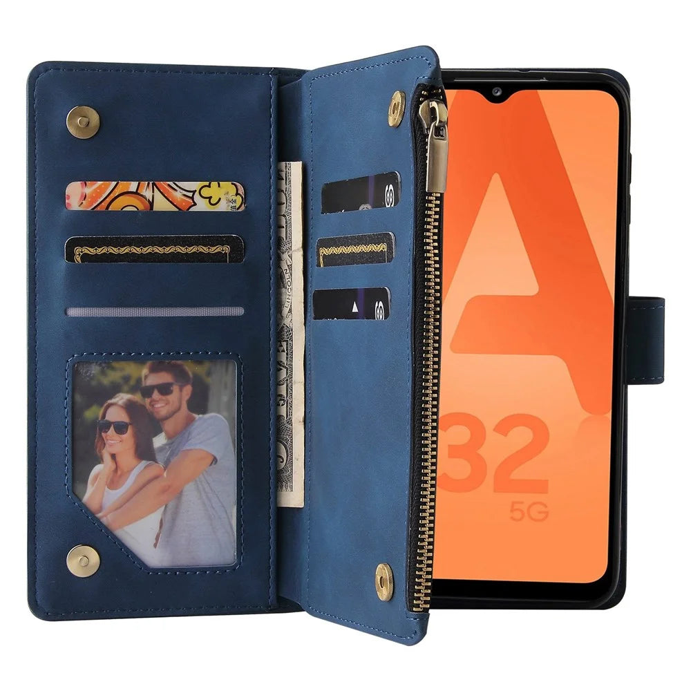 For Samsung Galaxy A32 5G / M32 5G Multi Card Slots PU Leather Full Protection Phone Cover Zipper Pocket Design Wallet Stand Case - Blue - 2
