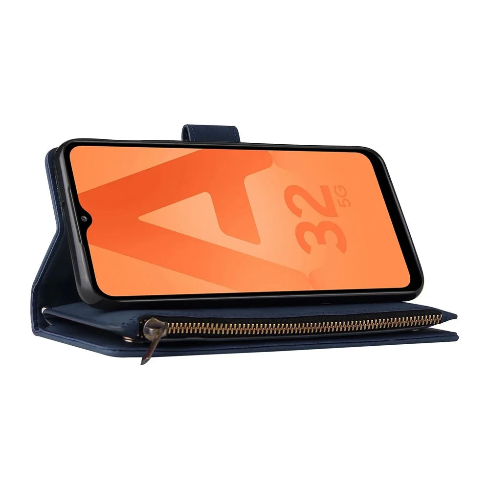 For Samsung Galaxy A32 5G / M32 5G Multi Card Slots PU Leather Full Protection Phone Cover Zipper Pocket Design Wallet Stand Case - Blue - 3