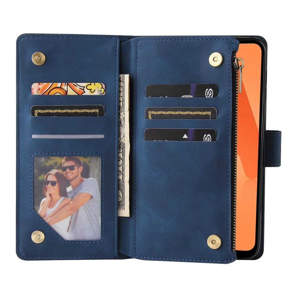 For Samsung Galaxy A32 5G / M32 5G Multi Card Slots PU Leather Full Protection Phone Cover Zipper Pocket Design Wallet Stand Case - Blue - 4