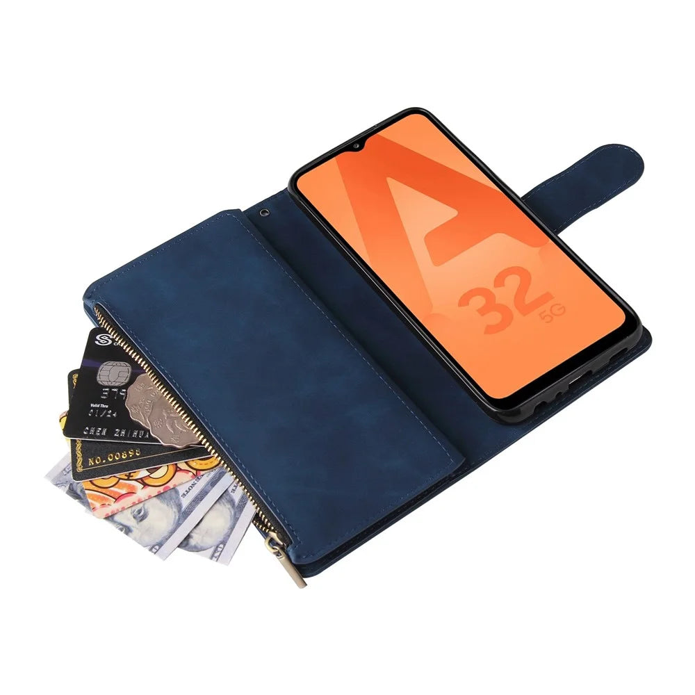 For Samsung Galaxy A32 5G / M32 5G Multi Card Slots PU Leather Full Protection Phone Cover Zipper Pocket Design Wallet Stand Case - Blue - 5