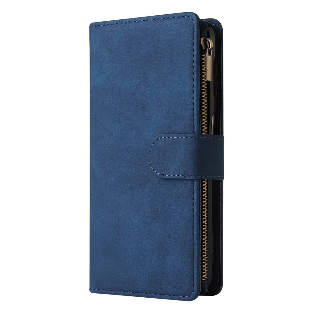 For Samsung Galaxy A32 5G / M32 5G Multi Card Slots PU Leather Full Protection Phone Cover Zipper Pocket Design Wallet Stand Case - Blue - 6