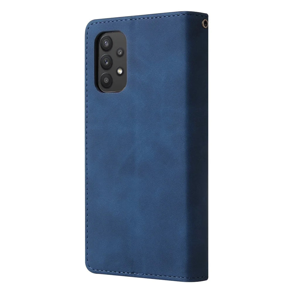 For Samsung Galaxy A32 5G / M32 5G Multi Card Slots PU Leather Full Protection Phone Cover Zipper Pocket Design Wallet Stand Case - Blue - 7