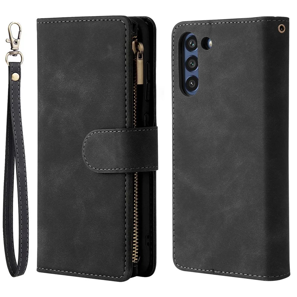 For Samsung Galaxy S21 FE 5G Multi Card Slots PU Leather Phone Wallet Stand Cover Zipper Pocket Design Protective Case - Black - 1