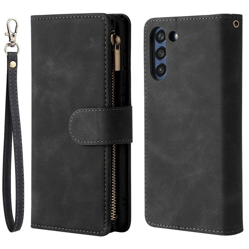 For Samsung Galaxy S21 FE 5G Multi Card Slots PU Leather Phone Wallet Stand Cover Zipper Pocket Design Protective Case - Black - 1