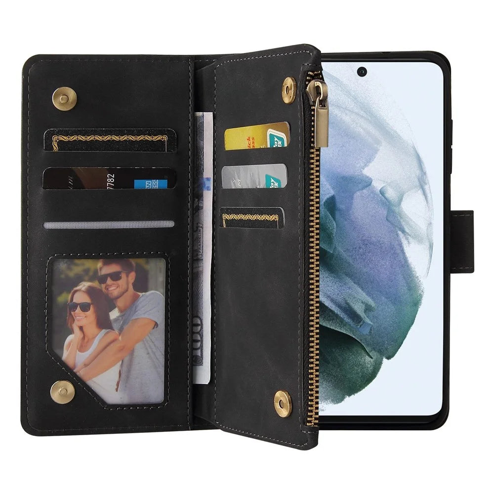 For Samsung Galaxy S21 FE 5G Multi Card Slots PU Leather Phone Wallet Stand Cover Zipper Pocket Design Protective Case - Black - 2