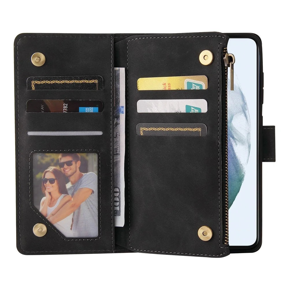 For Samsung Galaxy S21 FE 5G Multi Card Slots PU Leather Phone Wallet Stand Cover Zipper Pocket Design Protective Case - Black - 4
