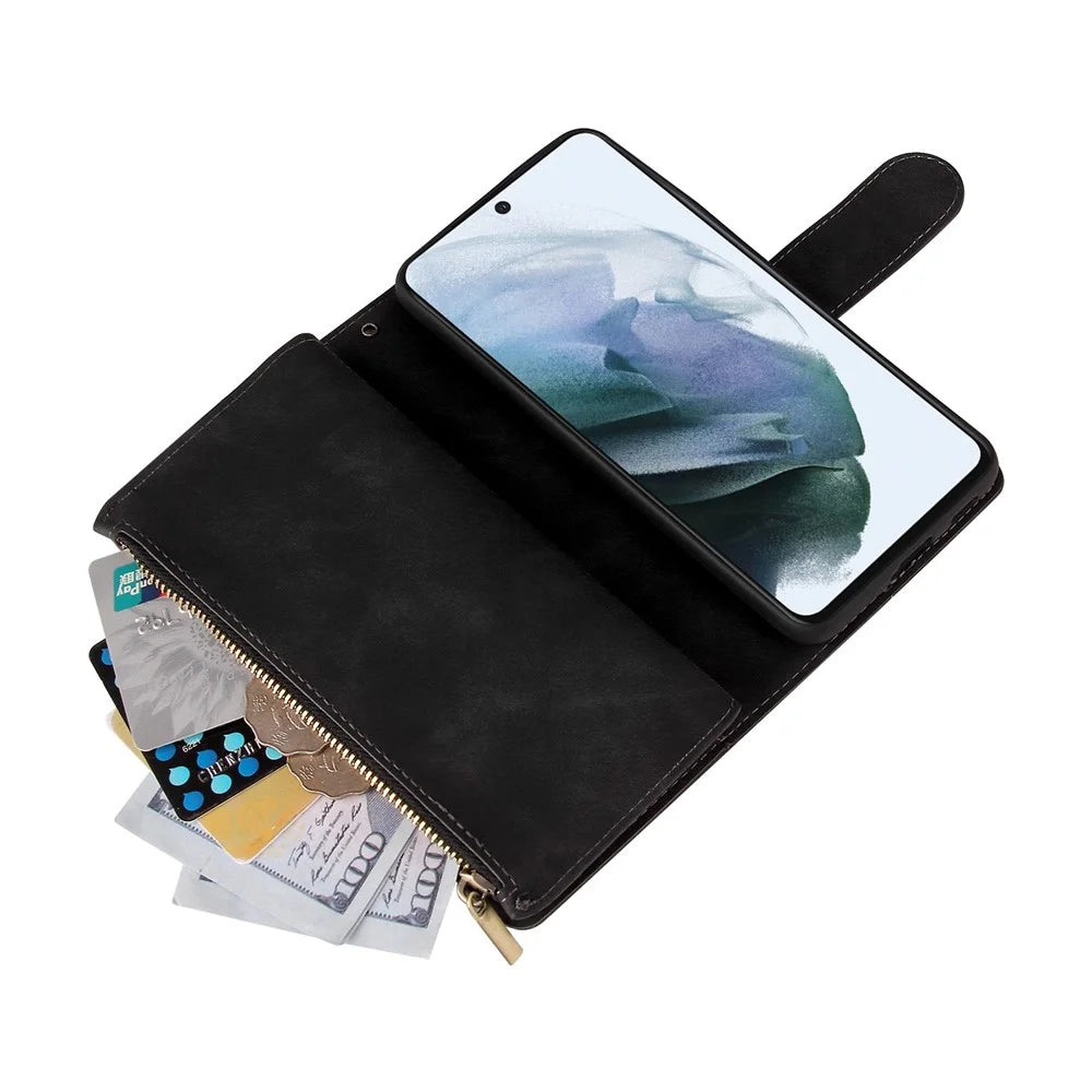 For Samsung Galaxy S21 FE 5G Multi Card Slots PU Leather Phone Wallet Stand Cover Zipper Pocket Design Protective Case - Black - 5