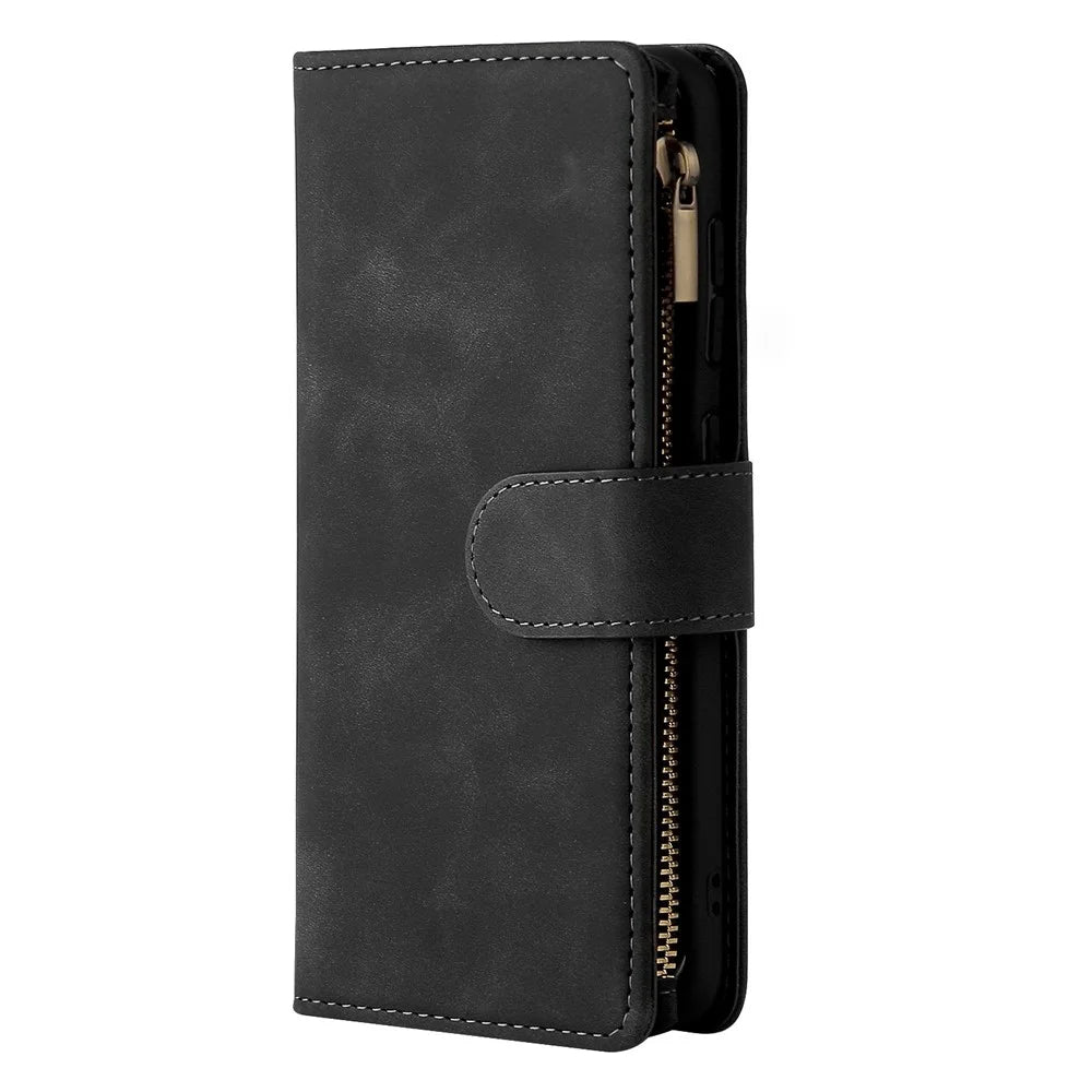 For Samsung Galaxy S21 FE 5G Multi Card Slots PU Leather Phone Wallet Stand Cover Zipper Pocket Design Protective Case - Black - 6
