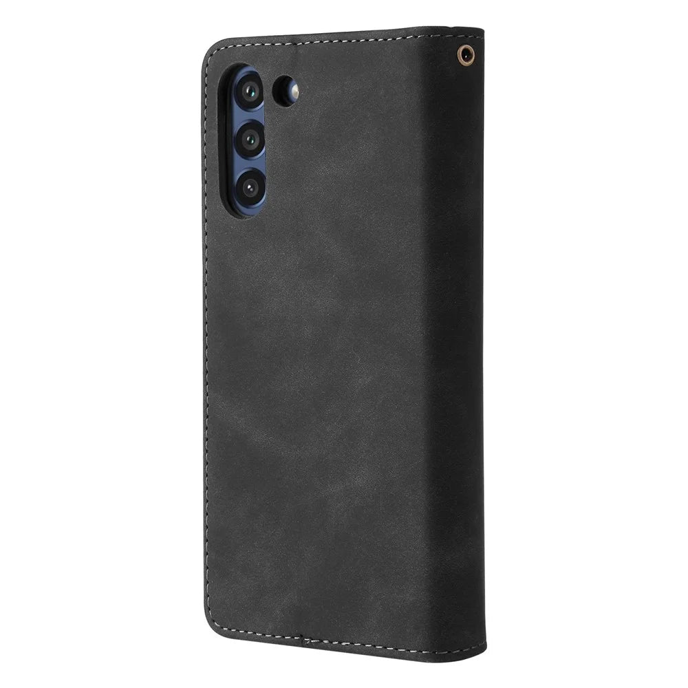 For Samsung Galaxy S21 FE 5G Multi Card Slots PU Leather Phone Wallet Stand Cover Zipper Pocket Design Protective Case - Black - 7